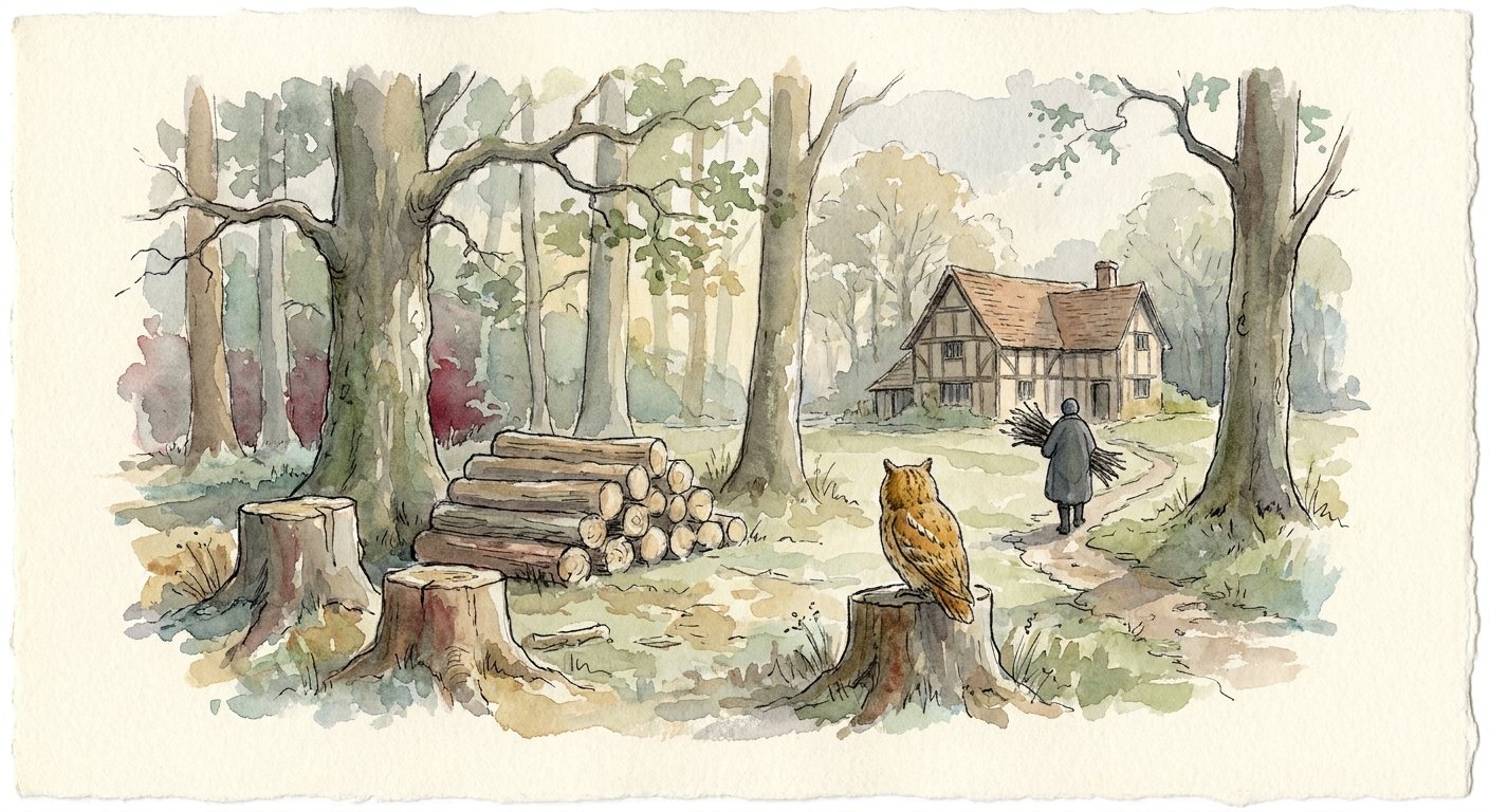 Watercolor of a woodland clearing in Kent: felled stumps and a stack of cut logs in the foreground, an owl resting on one stump, and a figure carrying a bundle of branches along a path toward a timber-framed cottage.