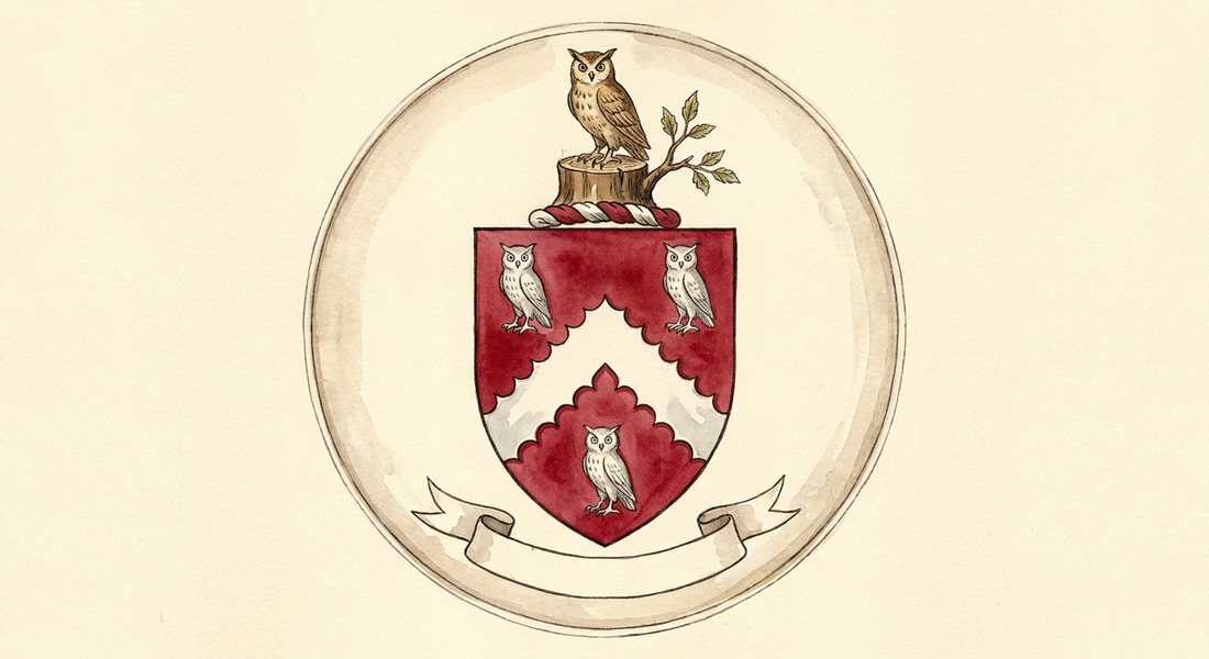 Watercolor of a heraldic shield: a red field with a silver chevron with scalloped edges between three silver owls. Above it, on a twisted red and silver wreath, an owl stands on a tree stump from which one leafy branch grows. A blank ribbon scroll sits below.